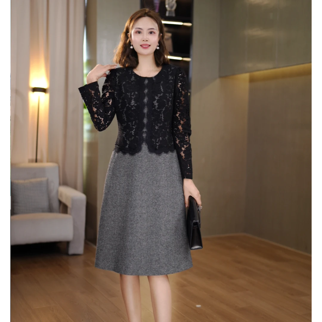 【深圳虹姐】2025秋冬新款气质优雅蕾丝拼接显瘦连衣裙
