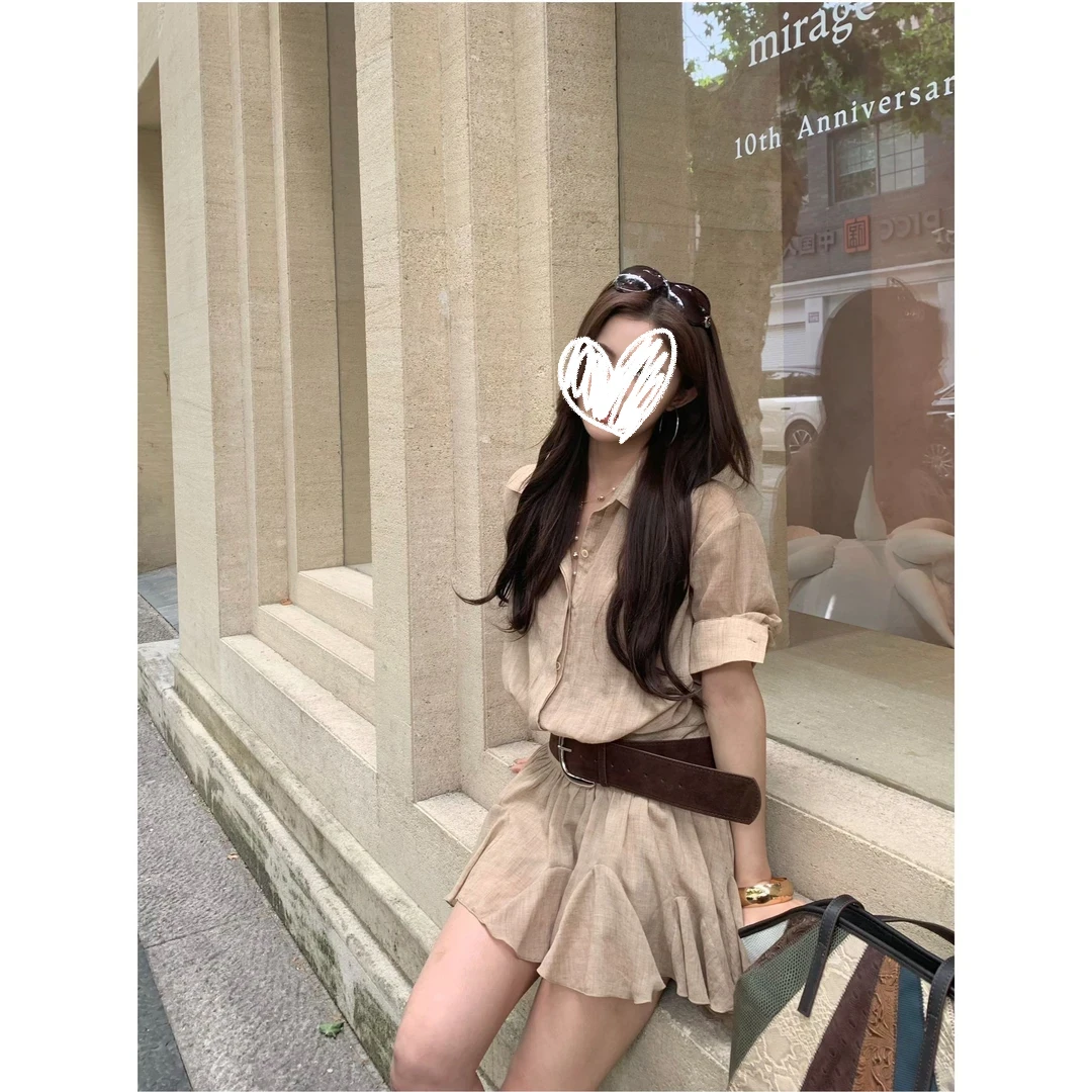 【椰影白沙】赠打底裤+腰带夏季新款女衬衫连衣裙衬衫百褶法式套装