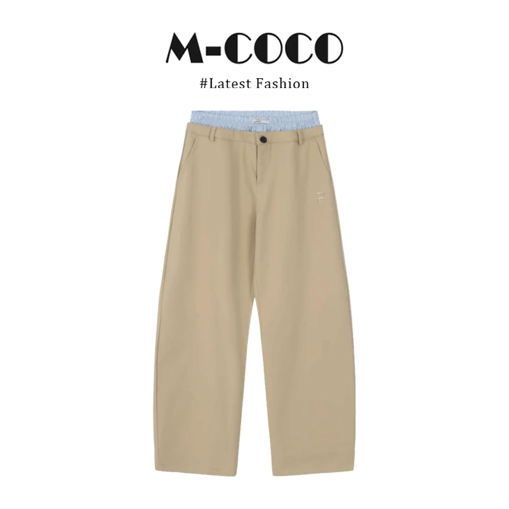 MARIE.COCO卡其色拼接双腰头高腰休闲裤女宽松百搭阔腿拖地长裤