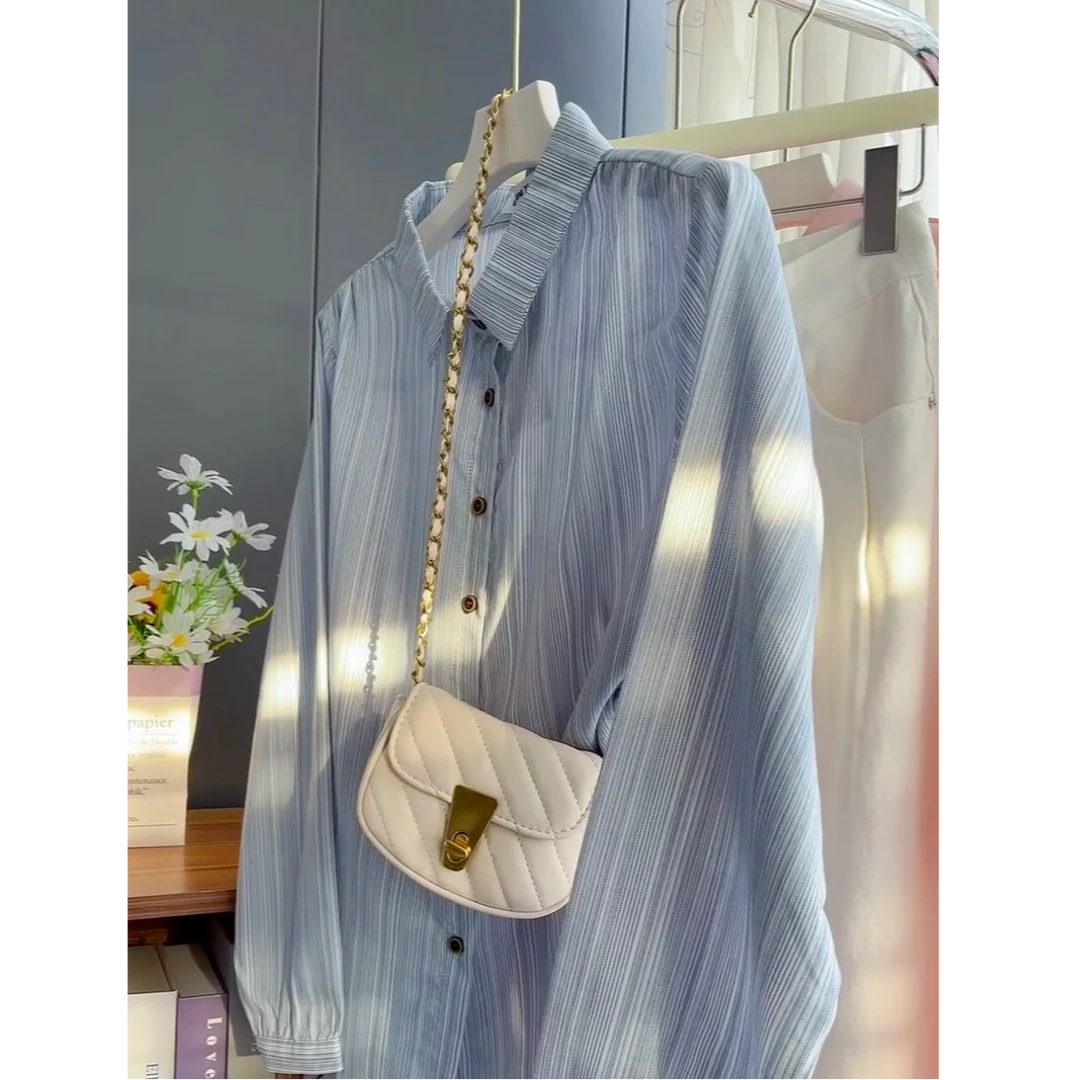 宽松型长袖防晒条纹翻领上衣春夏款休闲polo衫女装单件薄款显瘦