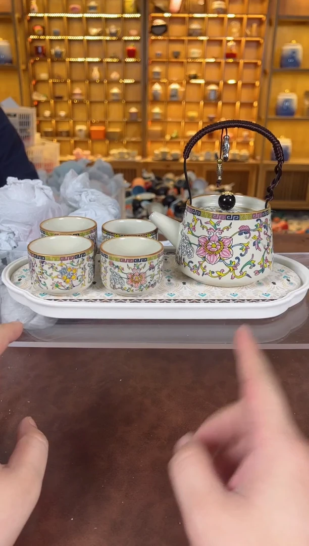 瓷片鸣盏居11111111珐琅彩提梁壶套装+茶盘