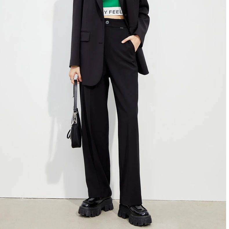 仿佛常规款直筒裤休闲裤纯色秋季开叉时尚百搭高腰夏季FV00835