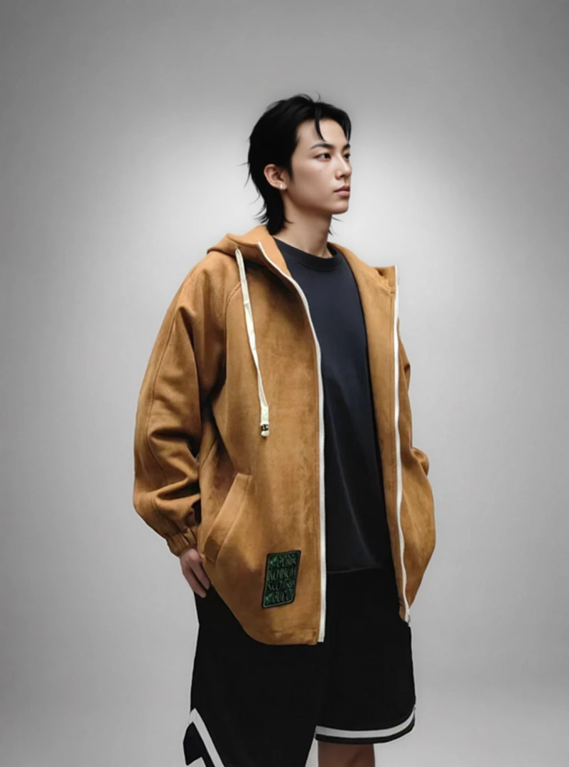 美式复古连帽仿麂皮绒夹克开衫外套宽松潮流休闲夹克百搭款3008