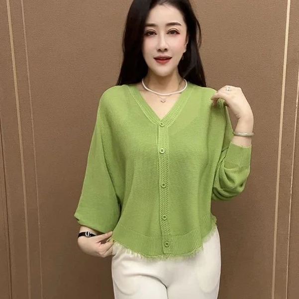 202夏季新款纯色设计感流苏冰丝针织衫蝙蝠袖薄款防晒衣宽松上衣