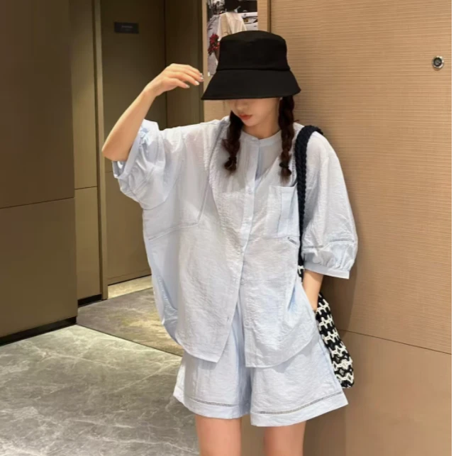 圆领拼接镂空灯笼袖衬衫+松紧腰短裤两件套2025夏新宽松显瘦套装