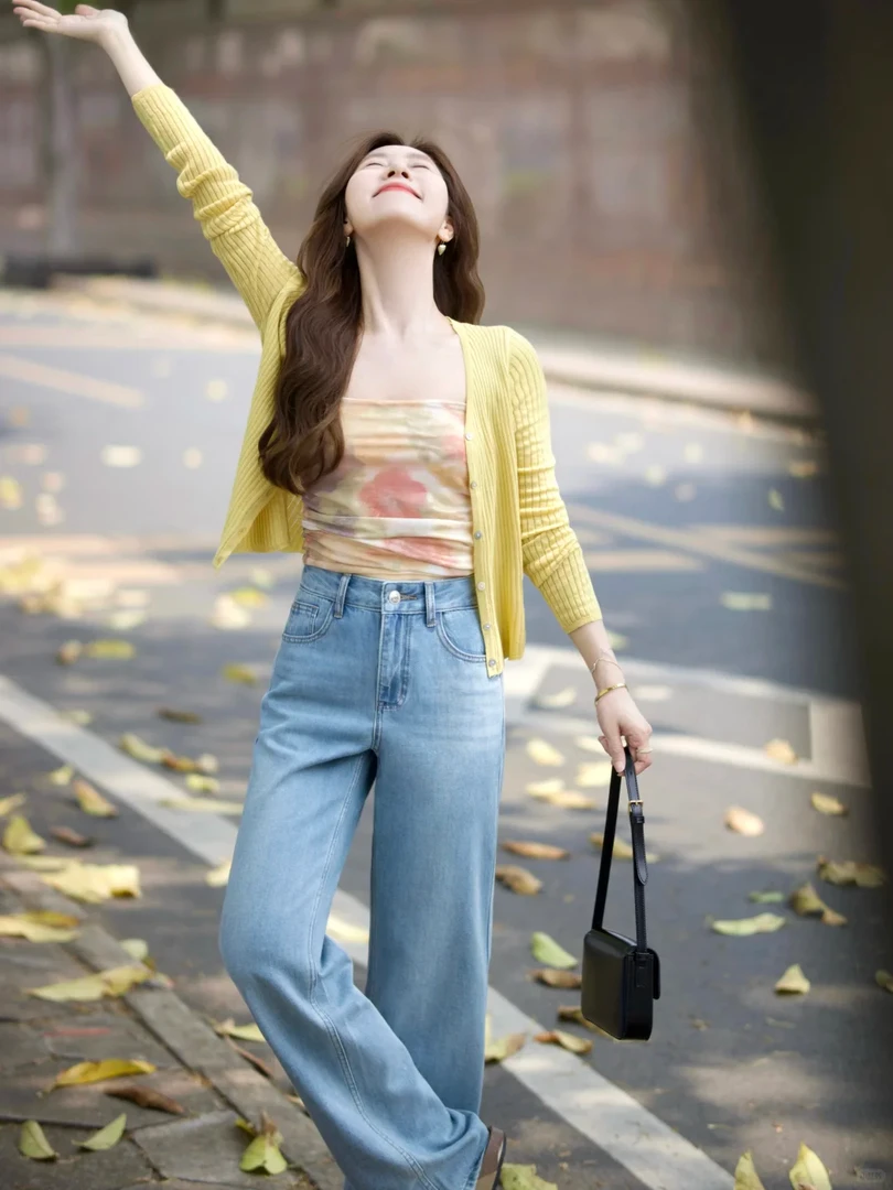 2025夏季盐系慵懒风印花不规则抽褶抹胸针织开衫高腰牛仔裤三件套