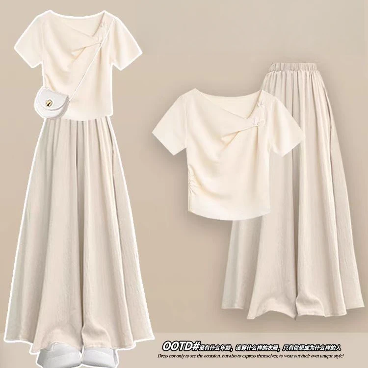 夏季知性风衣服设计感斜领蝴蝶点缀收腰T恤上衣山本裤裙两件套女