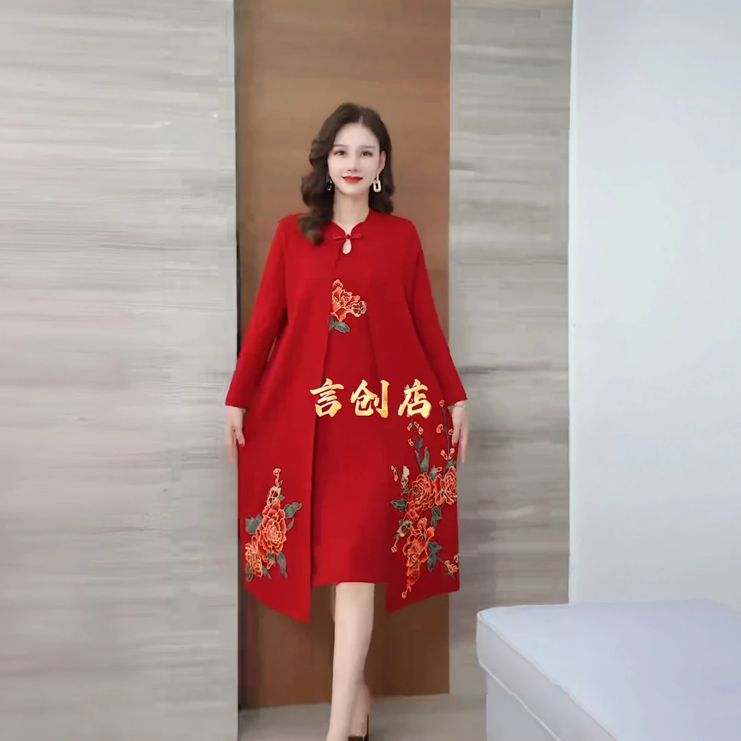 90155长袖假二件套头高弹力韩版提花针织连衣裙宽松长裙喜婆婆裙