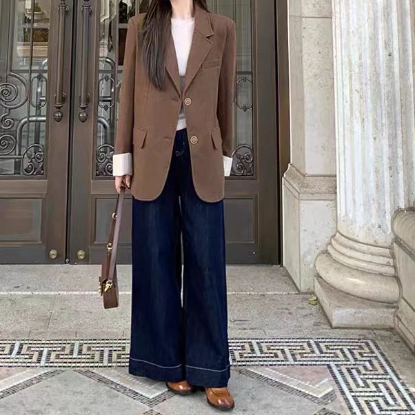 美美服饰1901新款显瘦加绒加厚普洗蓝高腰垂感直筒牛仔裤