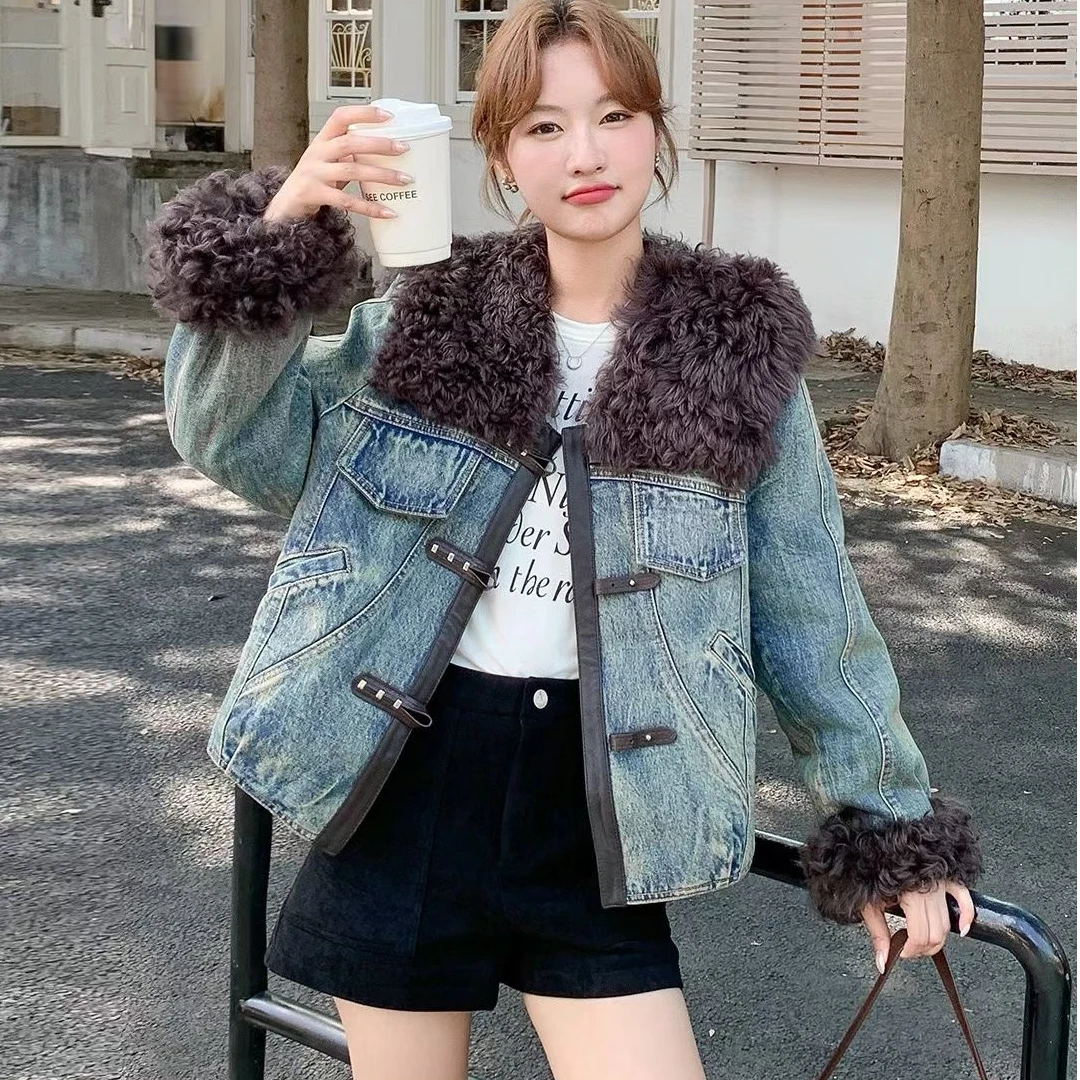 〖猫姐衣橱〗秋季新款羊羔毛领加厚牛仔棉外套6098