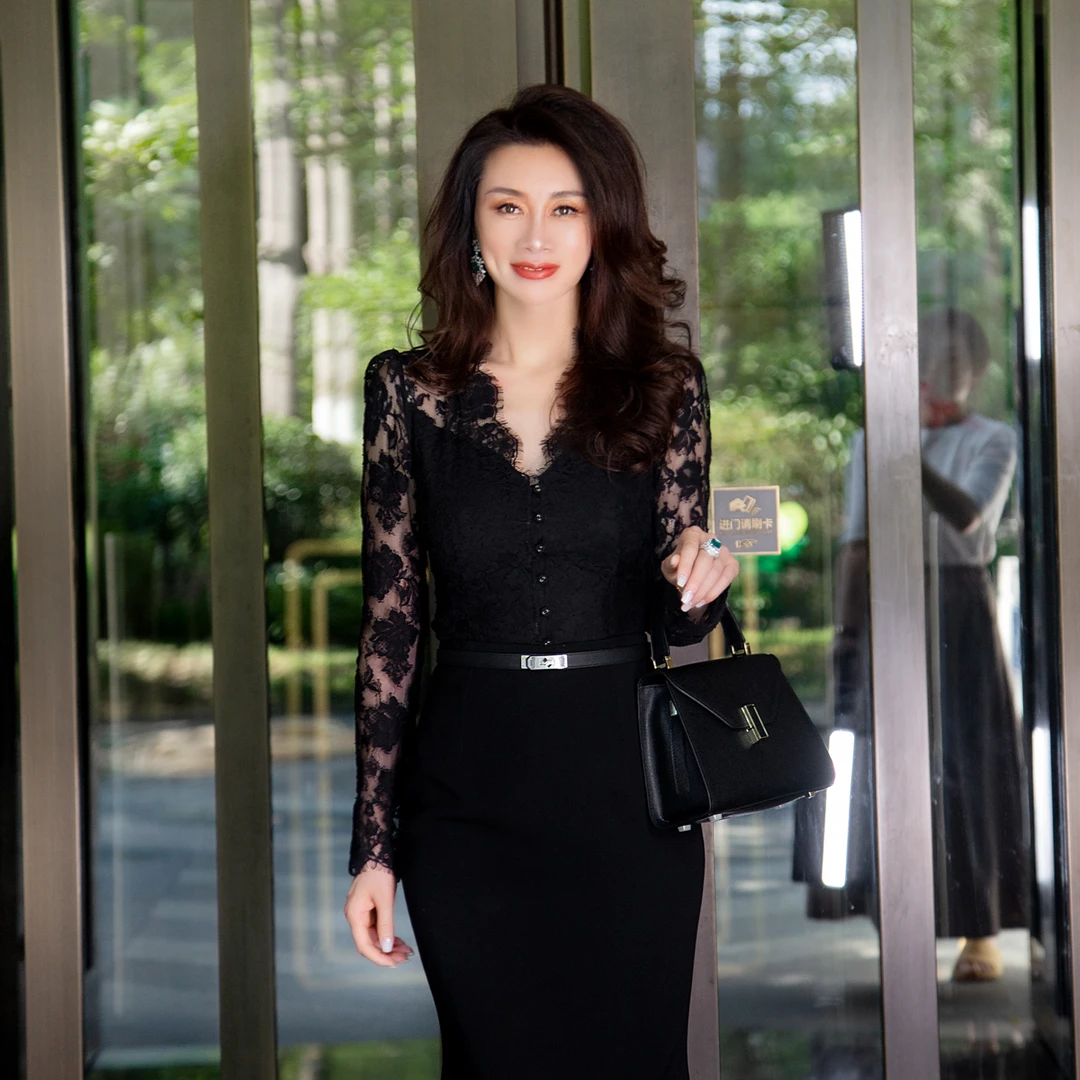 EDFNOT/杨红霞汝意FS黑色蕾丝打底衬衣FS-F24025