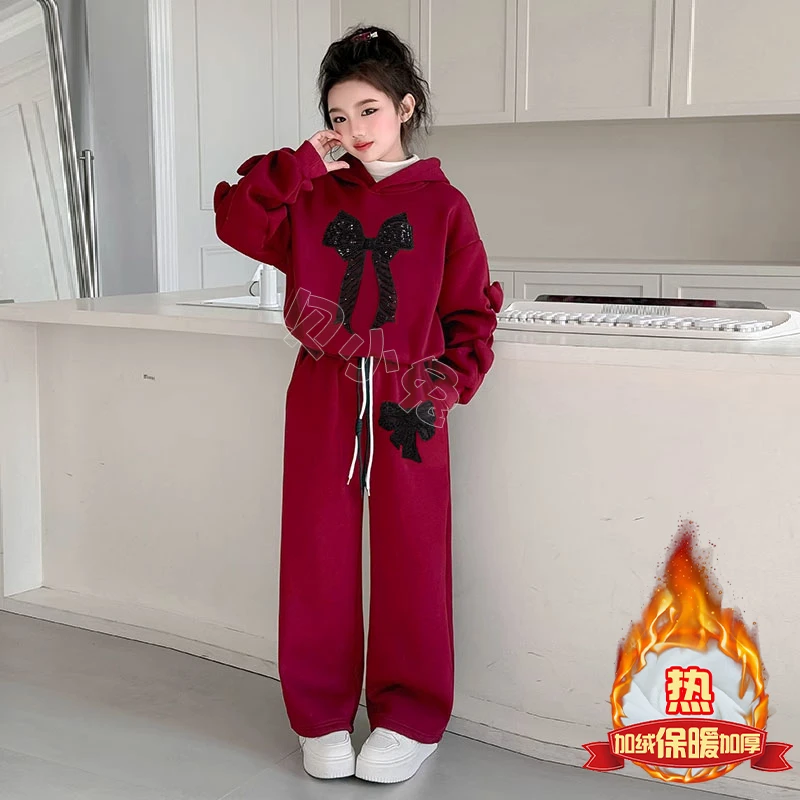 女童新年红色套装2026新款过年衣服儿童加绒卫衣卫裤运动两件套