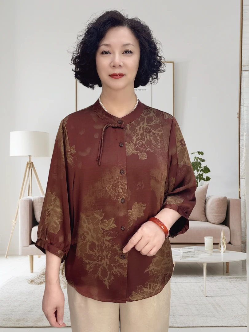 25年新款夏季衬衫妈妈气质上衣短袖七分袖宽松高档圆领单排扣衬衣