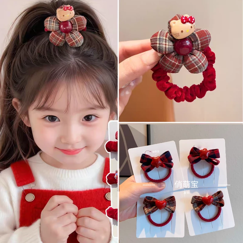 儿童秋冬红色格纹植绒花朵发圈可爱卡通扎头饰头绳发绳女童发饰