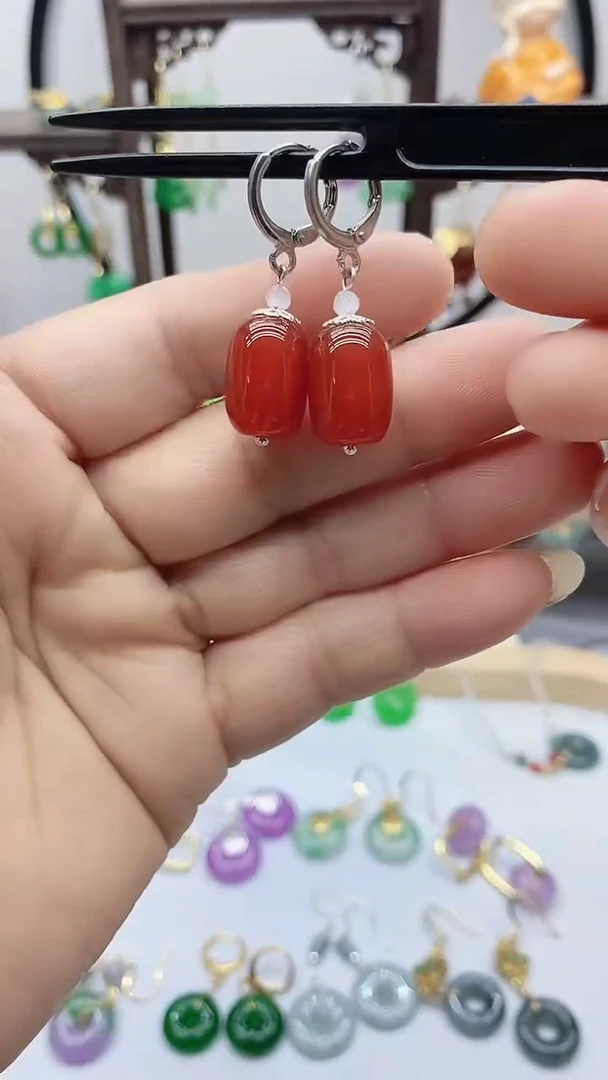 南红玛瑙银S925镶嵌耳饰176