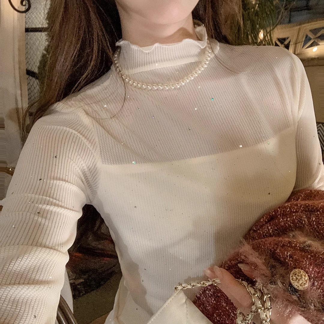 通勤风半高领薄款打底衫女2025新款秋冬时尚细闪修身圆领上衣女