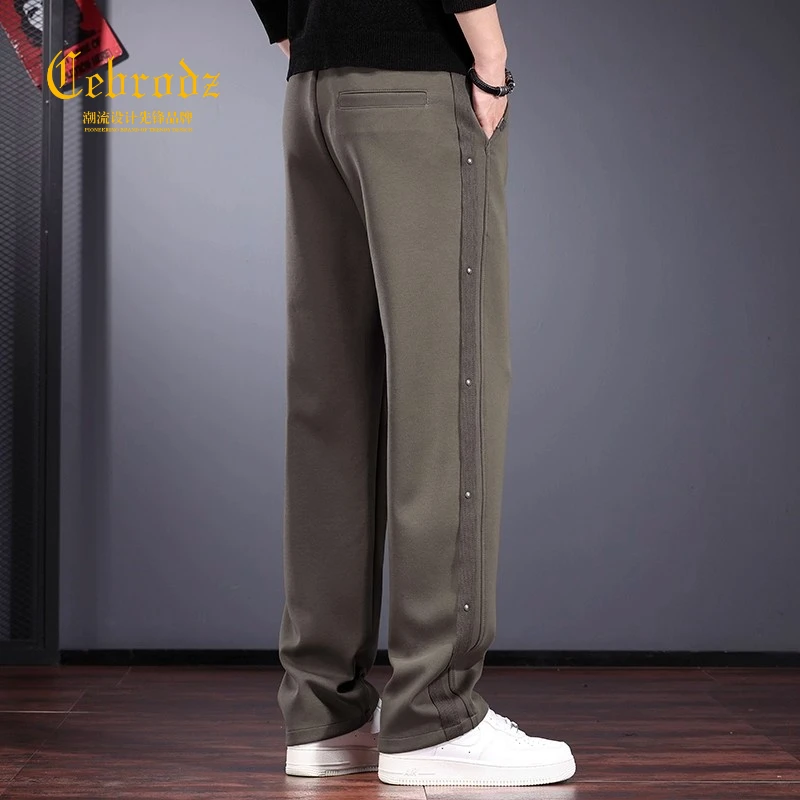 法国Cebrodz复古条纹铆钉直筒休闲裤秋季新款潮流垂感针织卫裤