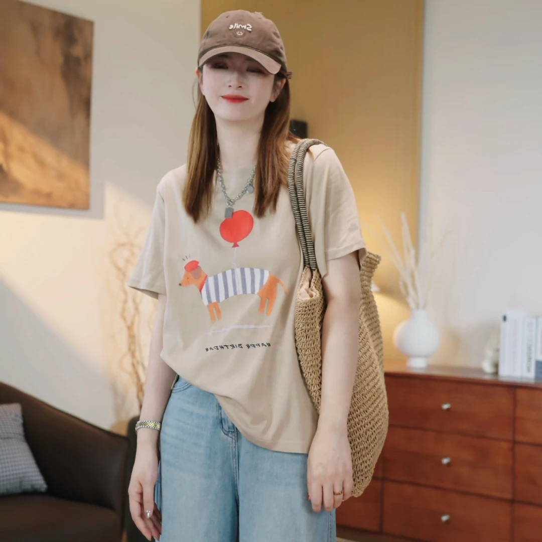 【腊肠狗】2025年夏季新款宽松休闲圆领印花时尚韩版短款T恤