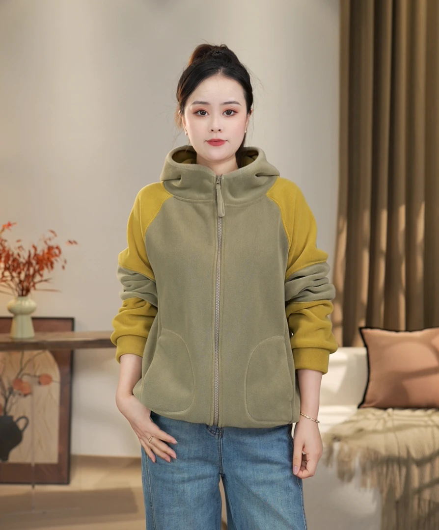 【沐沐】冬季新款外套时尚休闲百搭双面澳粒绒加绒加厚连帽拼色外套