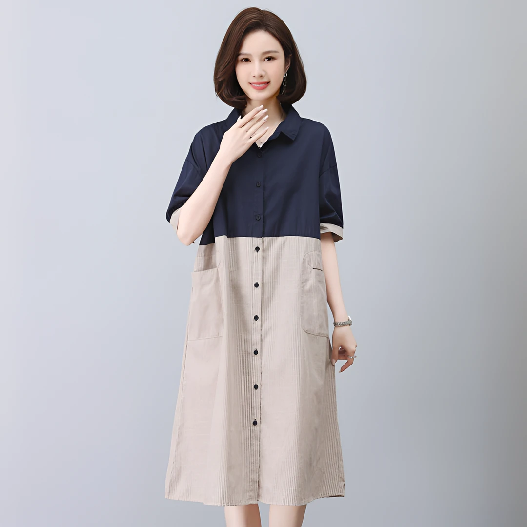 纯棉拼接连衣裙女2025夏季新款衬衫裙大码显瘦气质妈妈条纹中长裙
