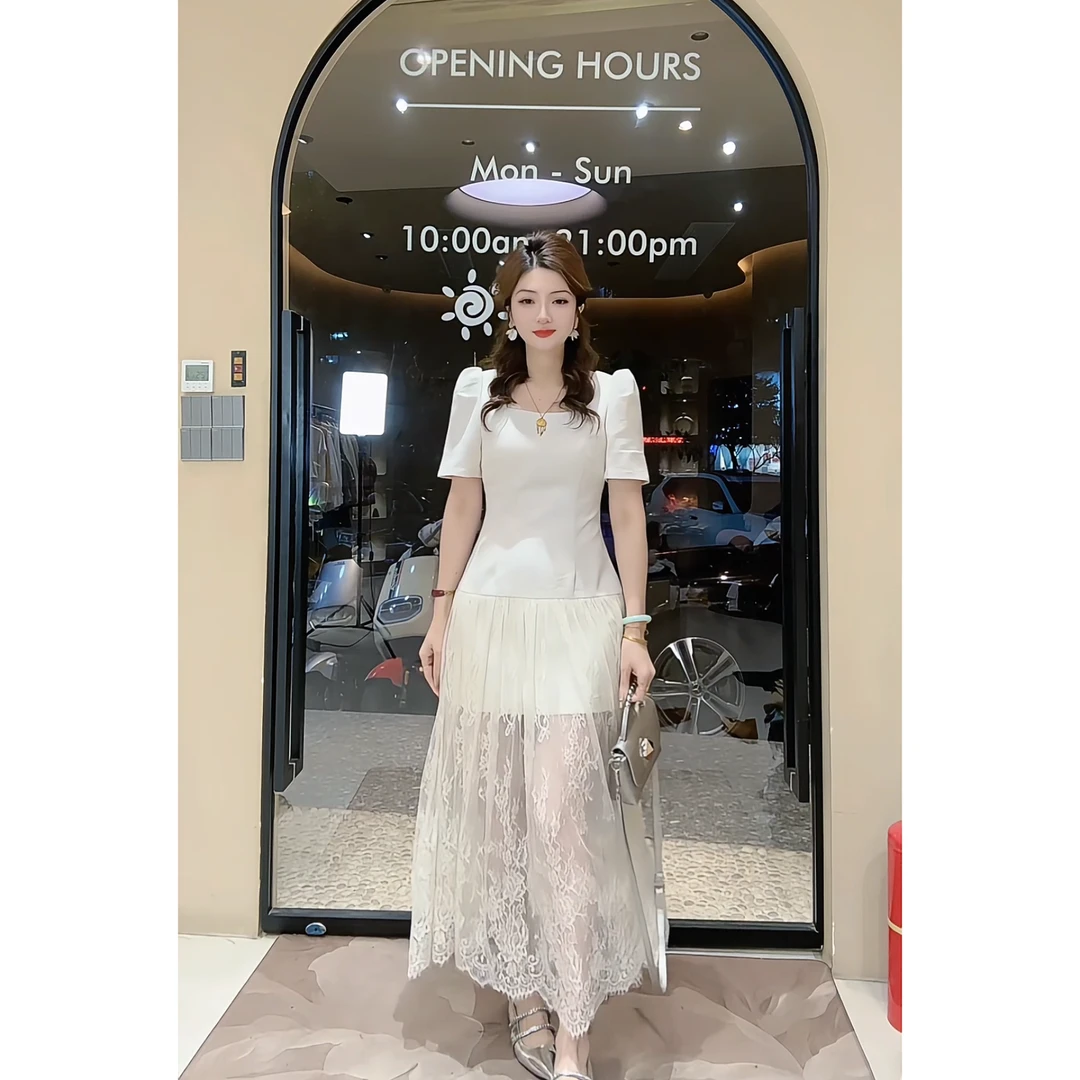 涵儿家  法式小方领泡泡袖设计网纱刺绣拼接款层次感连衣裙