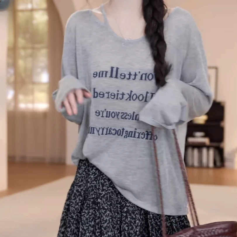 夏季薄款字母肩带长袖防晒T恤C5298