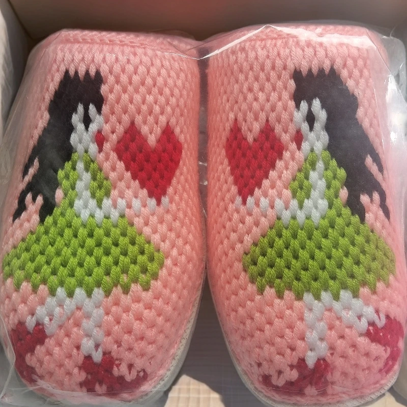 卡通编织包头拖少女风平跟防滑钩编鞋纯手工舒适包头