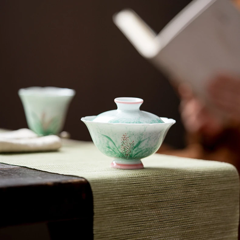 陶瓷釉下彩手绘蒹葭盖碗茶壶茶道配件品茗杯壶承家用功夫茶具合集