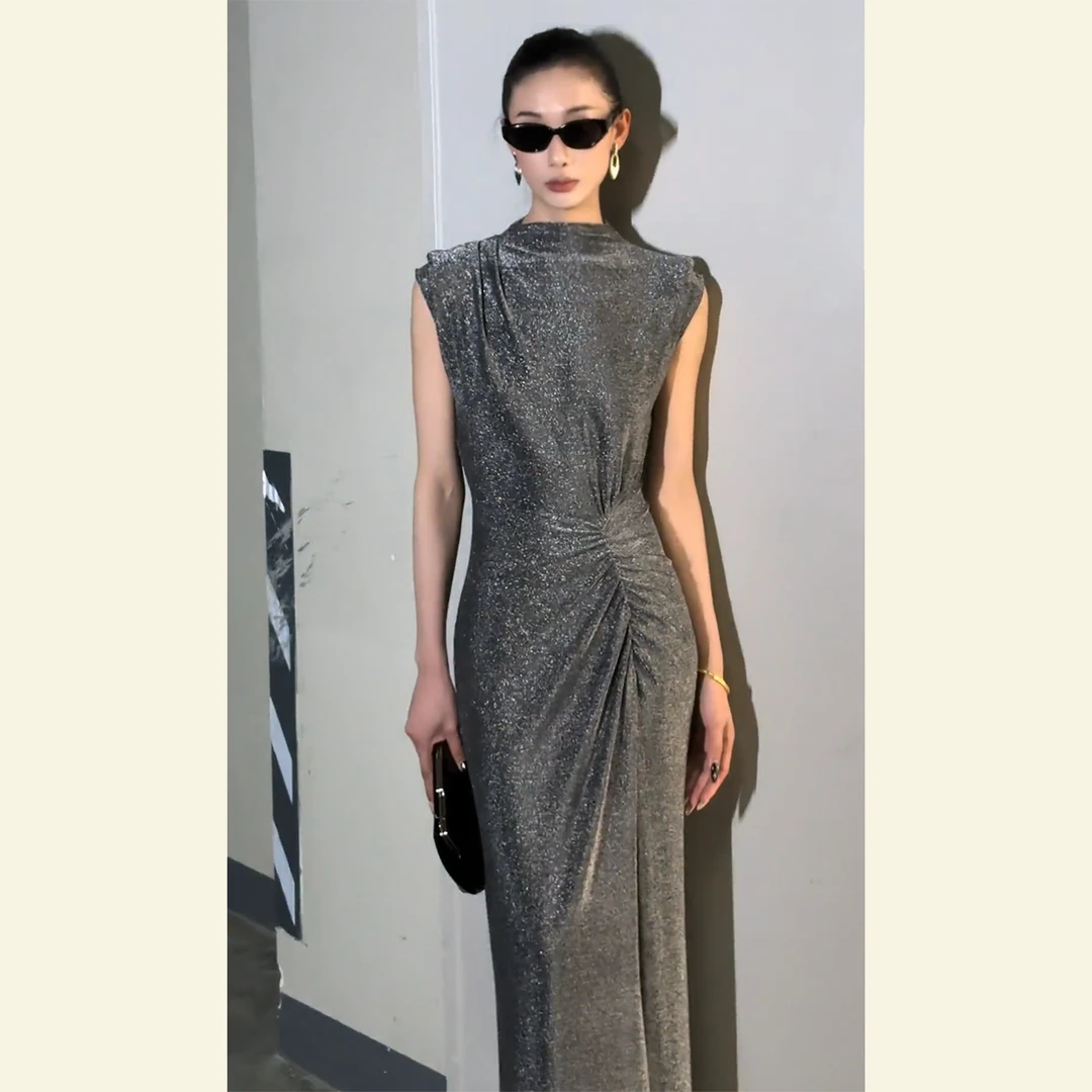 气场强大女神范气质礼服长裙轻奢高级感上流社会灰色收腰连衣裙夏