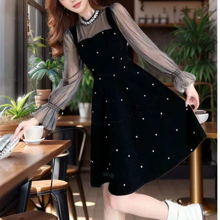 【苏苏精选】870千金感小黑裙钉珠纱袖高腰重工法式风连衣裙