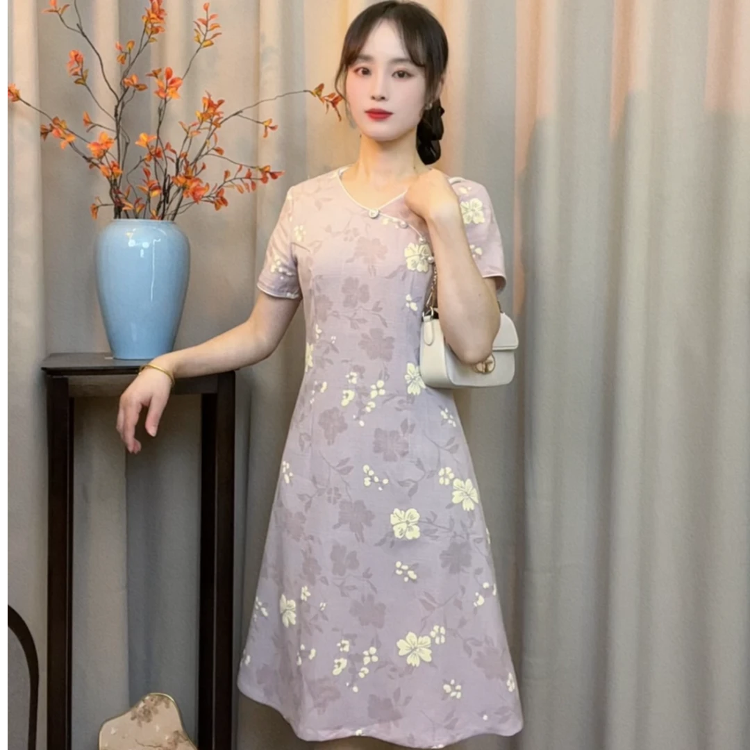 芊芊【花洛】V领 2025新中式小个子改良日常旗袍显瘦气质绿色送考