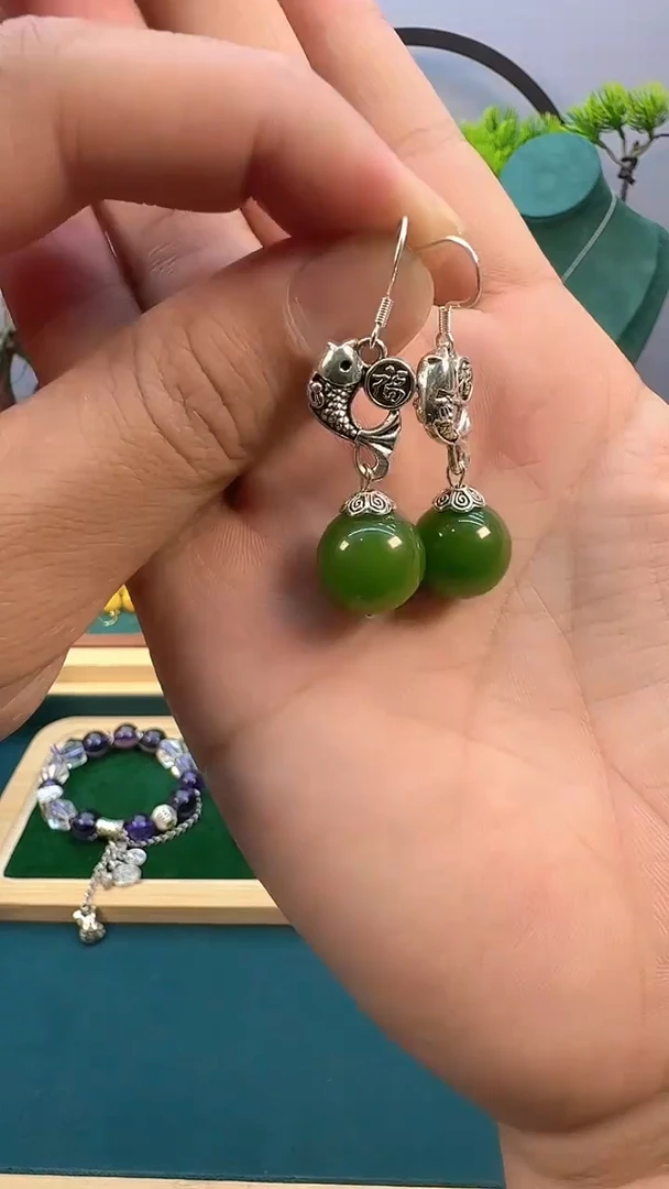 和田玉银S925镶嵌耳饰E10