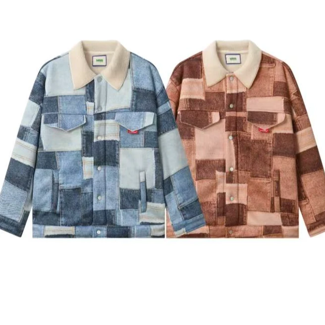 拼图补丁色块羔毛格子棉服外套