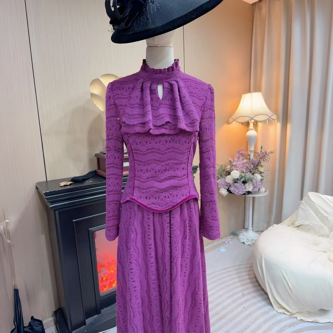 《丹尚爱》小立领花边假两件连衣裙纯色时尚气质显瘦长袖裙子