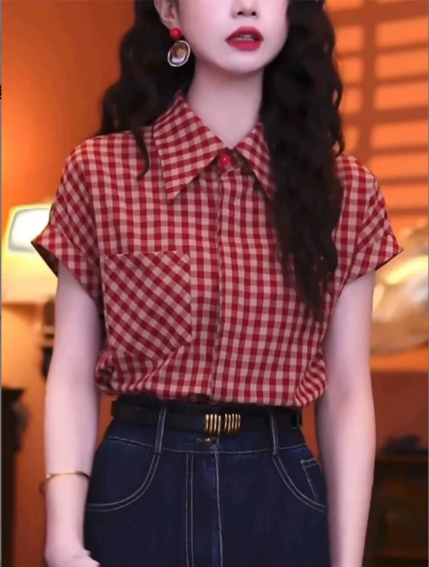 【632】红色短袖格子衬衫女夏季新款洋气港风复古设计感休闲上衣