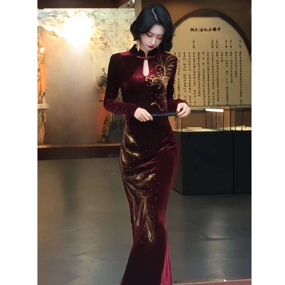 【大晶定制】东方新贵新款气质丝绒手绘凤凰斜襟连衣裙-DJ10086