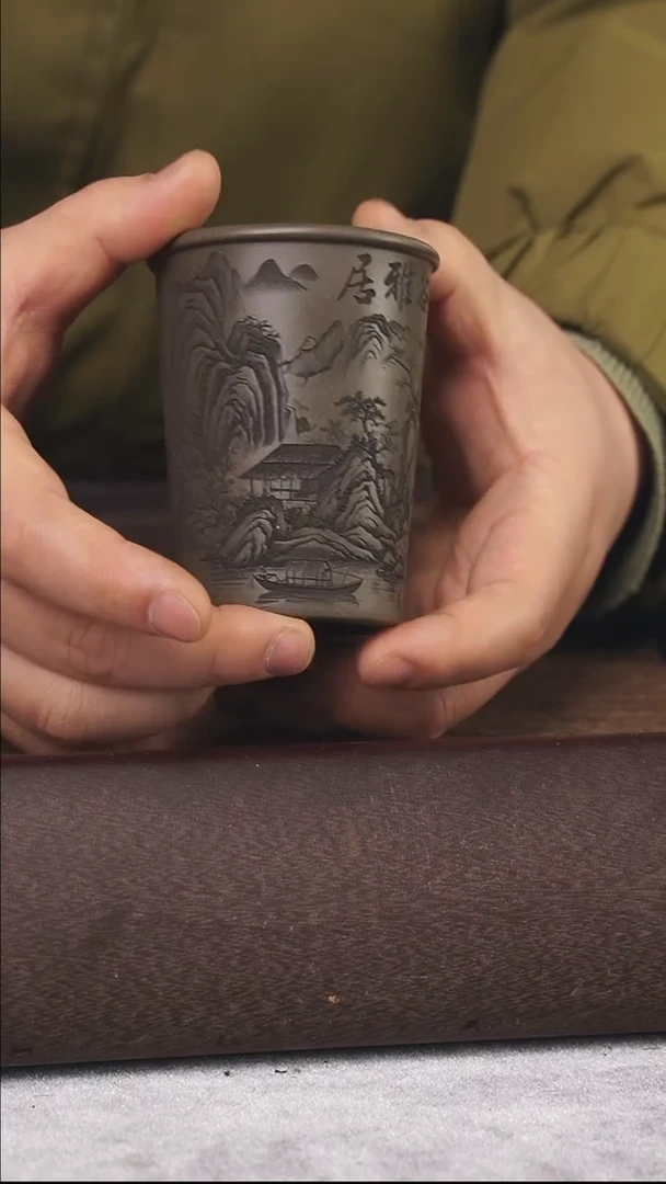 【闪购商品】紫砂茶壶150cc山谷雅居刻绘顾氏手工紫砂