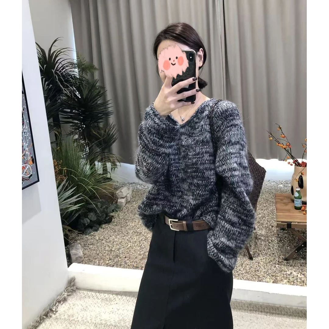 静奢针织 高品进口双色纱线 U领毛衣慵懒高级感毛衣女