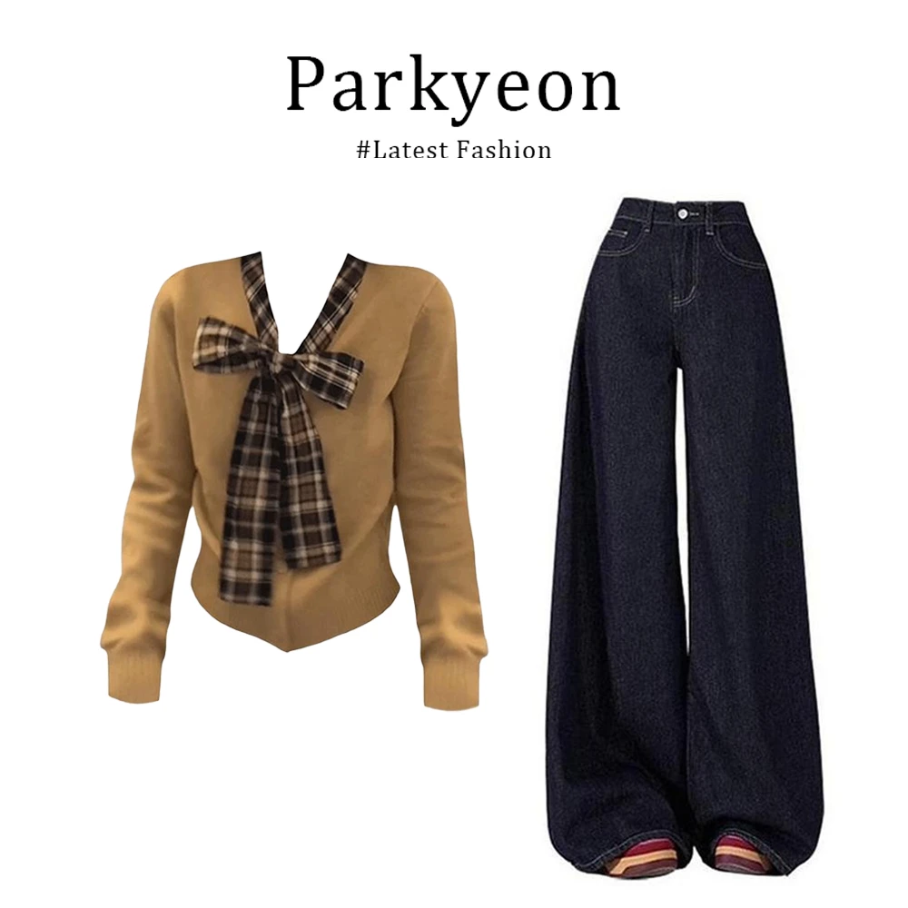 INS CEC法式甜美格纹蝴蝶结针织衫长袖上衣时尚阔腿牛仔裤套装