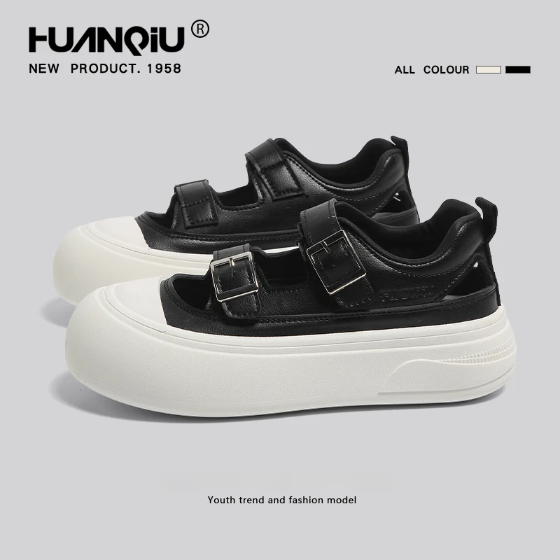 环球魔术贴大头丑萌鞋女2025新款春季镂空透气板鞋厚底浅口单鞋子