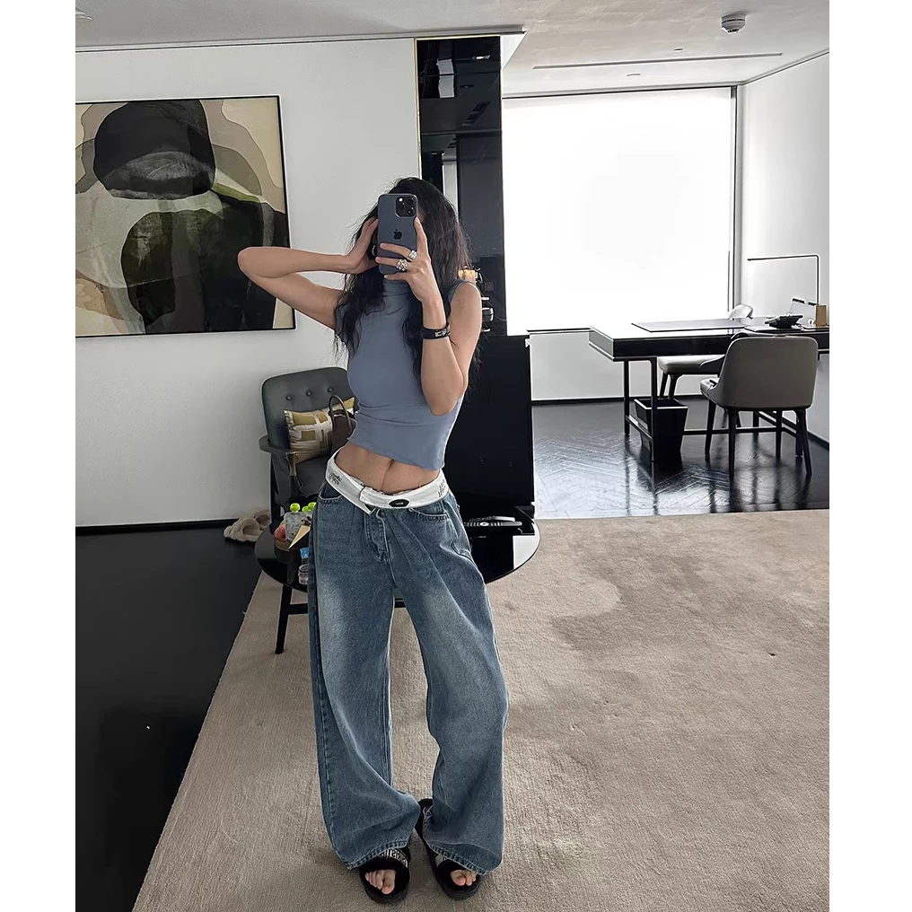 Hello熙熙 【翻腰牛仔】外翻小众设计感直筒牛仔裤女辣妹宽松阔腿裤