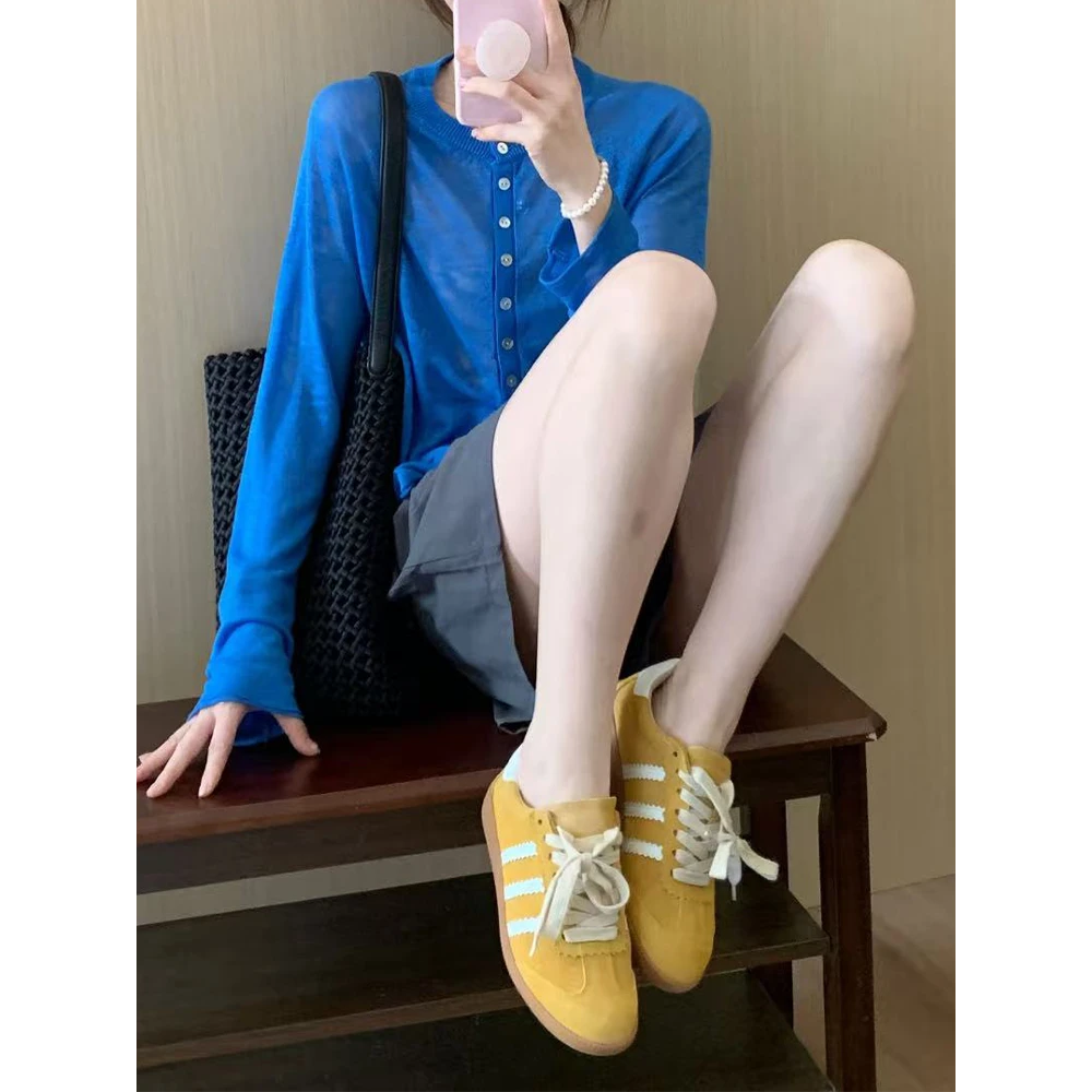 2025夏季气质时尚韩系蓝色针织上衣开衫高腰灰色短裤时尚套装女