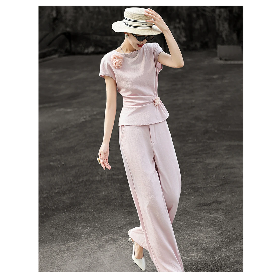 MEXCOCO/兰瑟儿夏新款气质减龄圆领收腰上衣阔腿裤套装105XO0845