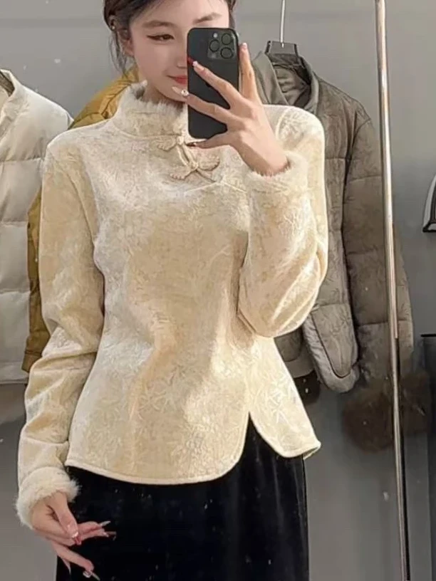 国风盘扣打底衫冬季织花毛边加厚保暖时尚长袖立领上衣06