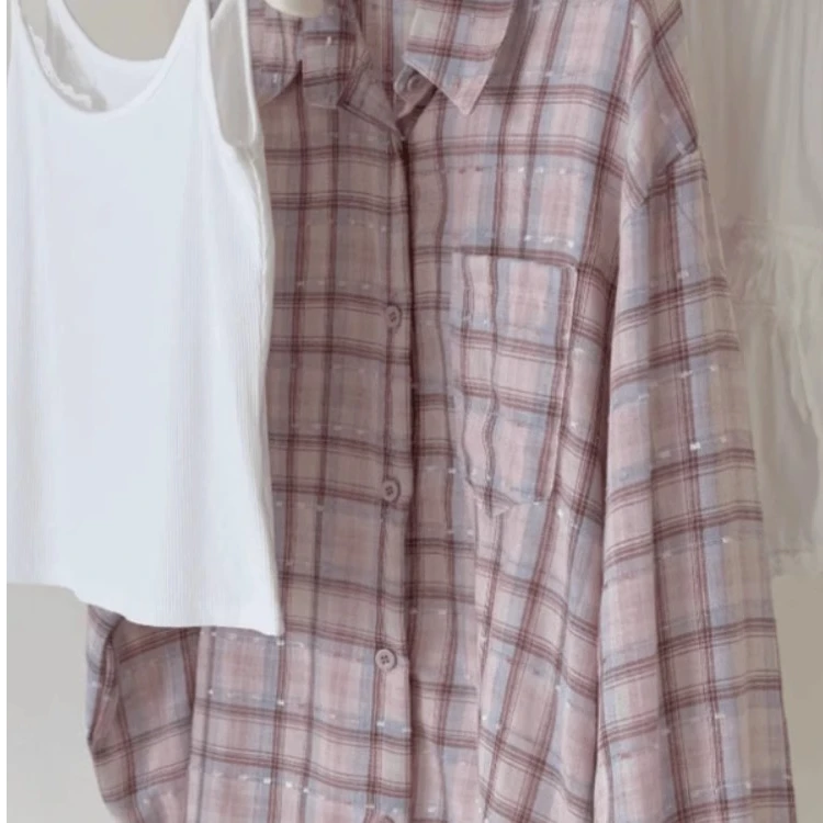 新款懒惰风宽松粉色格子减龄休闲长袖通勤衬衫百搭衬衣气质爆款