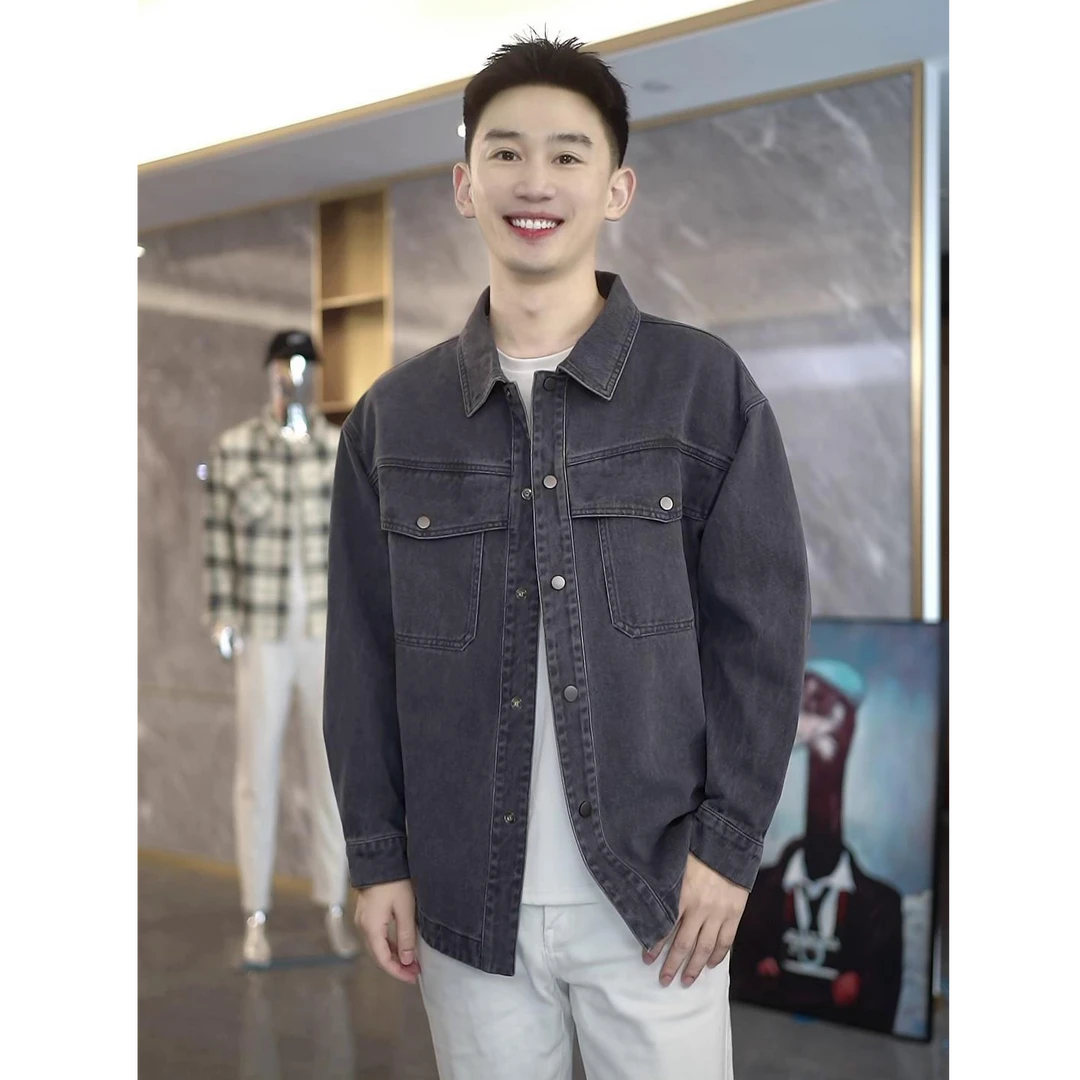 春季水洗灵感设计复古工装衬衫男士休闲灰色春款上衣翻领百搭668