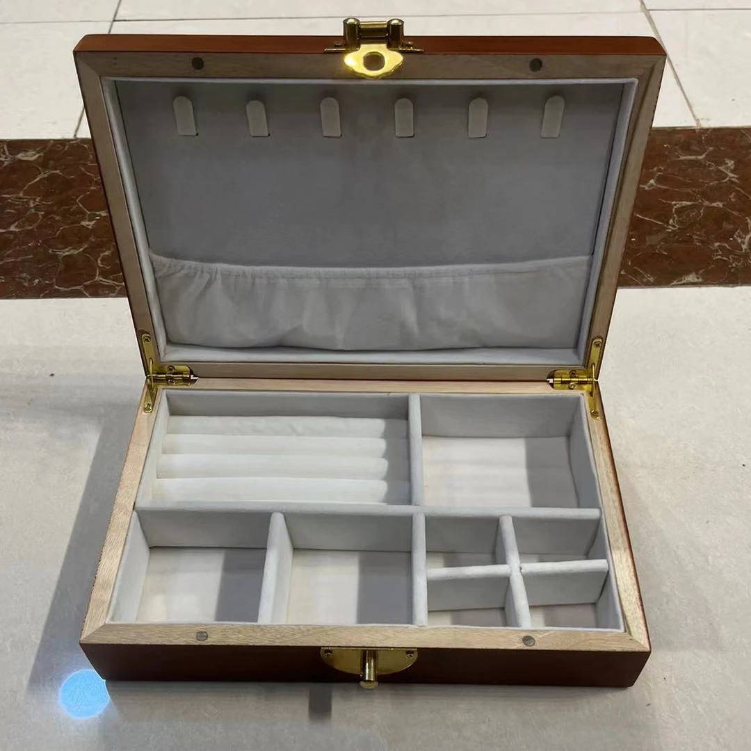 香樟木实木首饰盒大号双层卡其色手镯项链戒指收纳盒