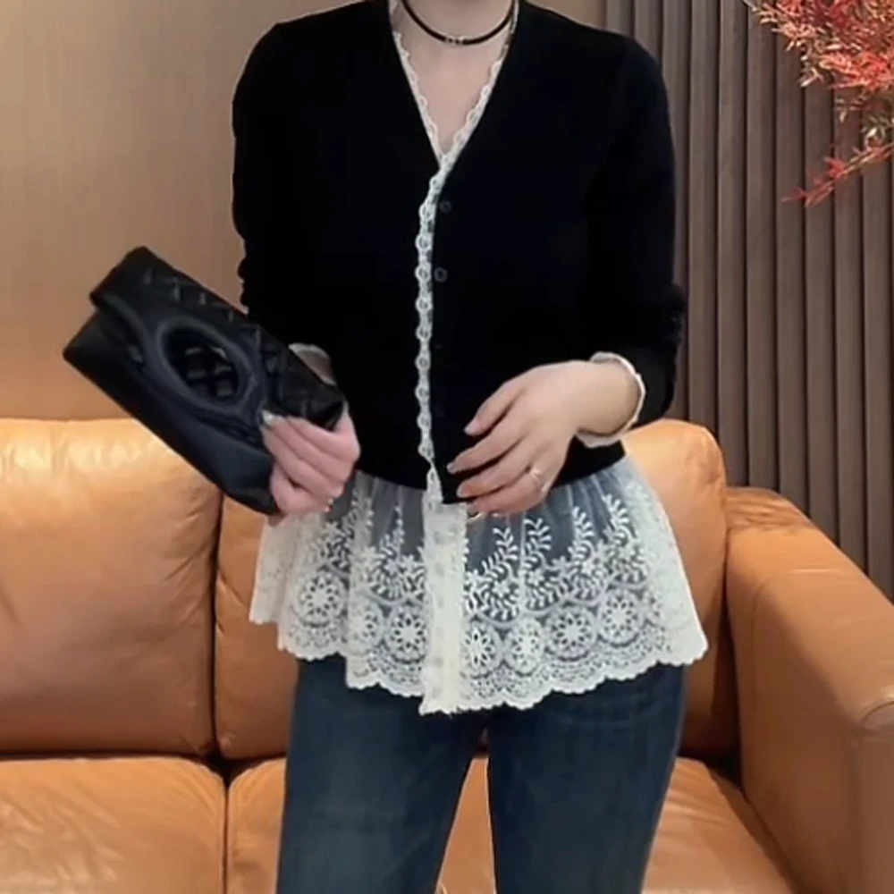 【维拉少女】春季上新法式气质拼接蕾丝黑色百搭修身显瘦长袖开衫