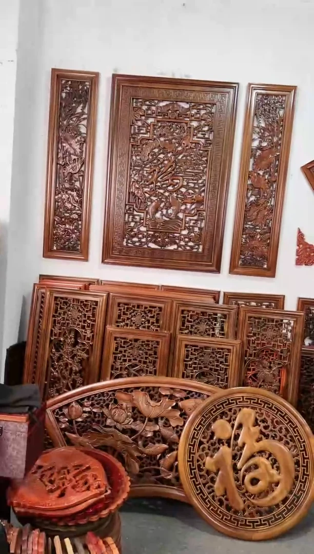 【闪购商品】香樟木木雕三件套100*40梅兰竹菊九鱼图80福