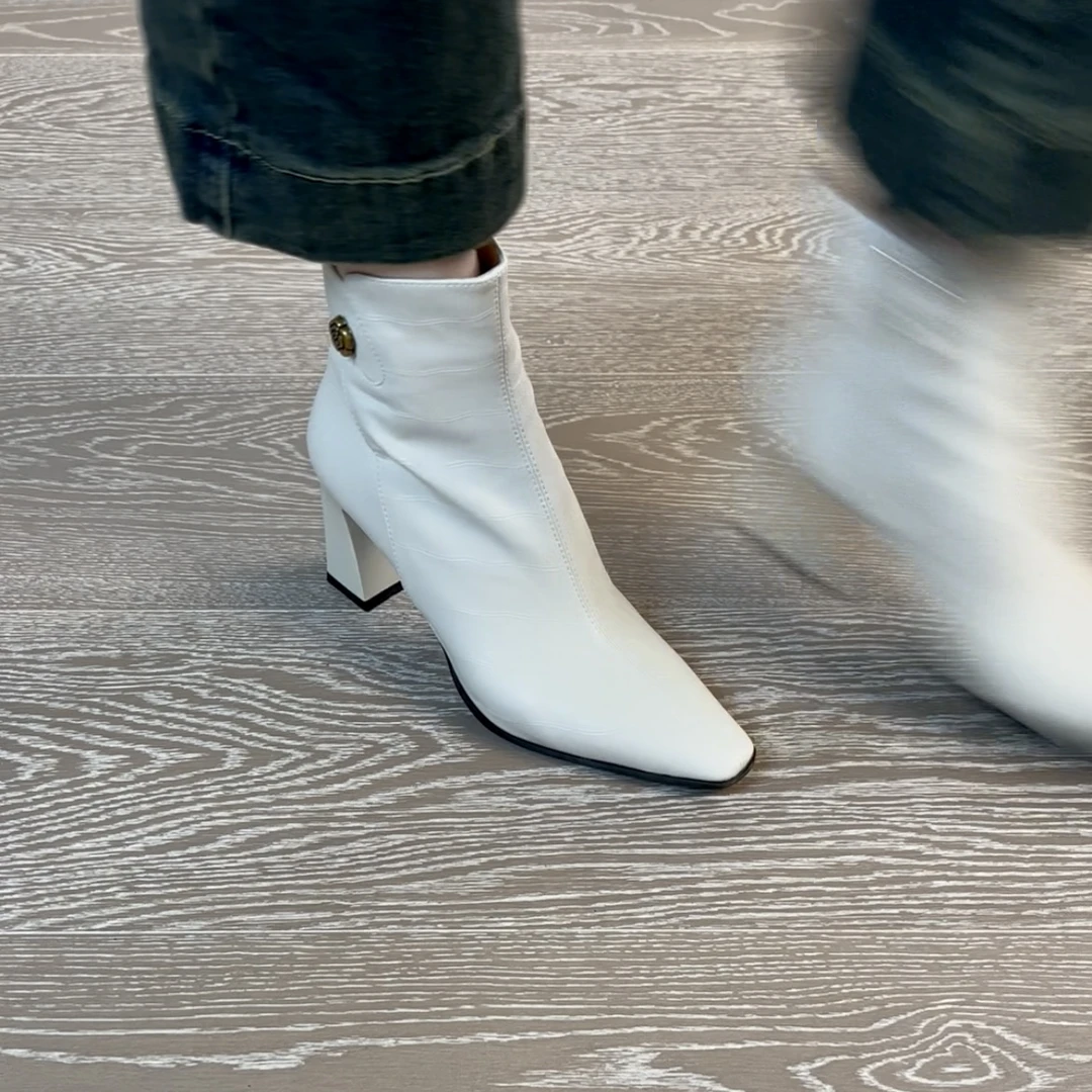 7.5CM羊皮女靴时装靴中跟短靴细跟纯色尖头粗跟马蹄跟法式时尚